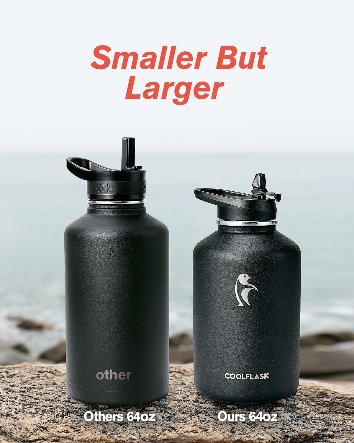 Coolflask 64 Oz Insulated Water Bottle with Strap & Sleeve, Half Gallon Water Jug 3 Lids Stainless Steel Multifunctional Flask Bpa-Free, Keep 48H Cold 24H Hot, Compact Yoga/Gym Bottle, Black image number 4