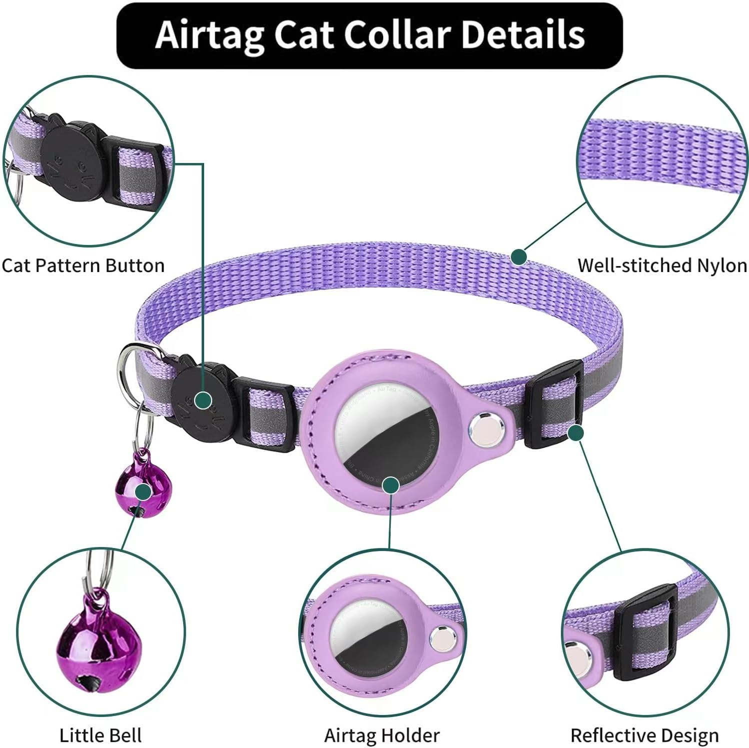 WAPSAT Airtag Cat Collar, Cat Collar with Bells, Reflective GPS Cat Collar, Cat Tracker Collar Cat Collar for Cats (Purple) image number 1