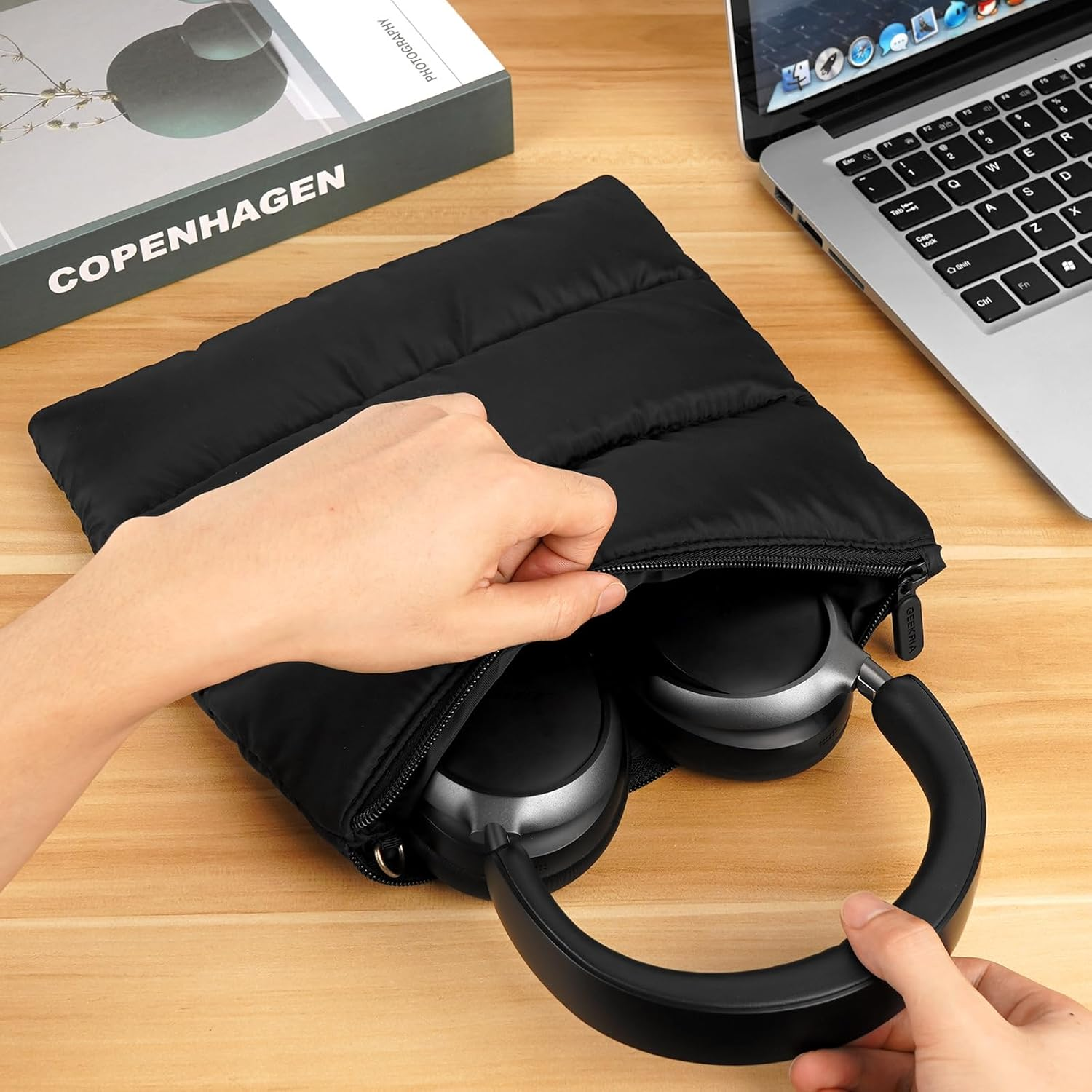 Geekria NOVA Headphones Puffy Pouch, Compatible with Bose Qcultra, QC45, JBL Tune 520BT, Sony WH-CH720N and More, Headset Carrying Bag, Soft Travel Pouch Case for Over-Ear Headphones (Black) - White image number 3