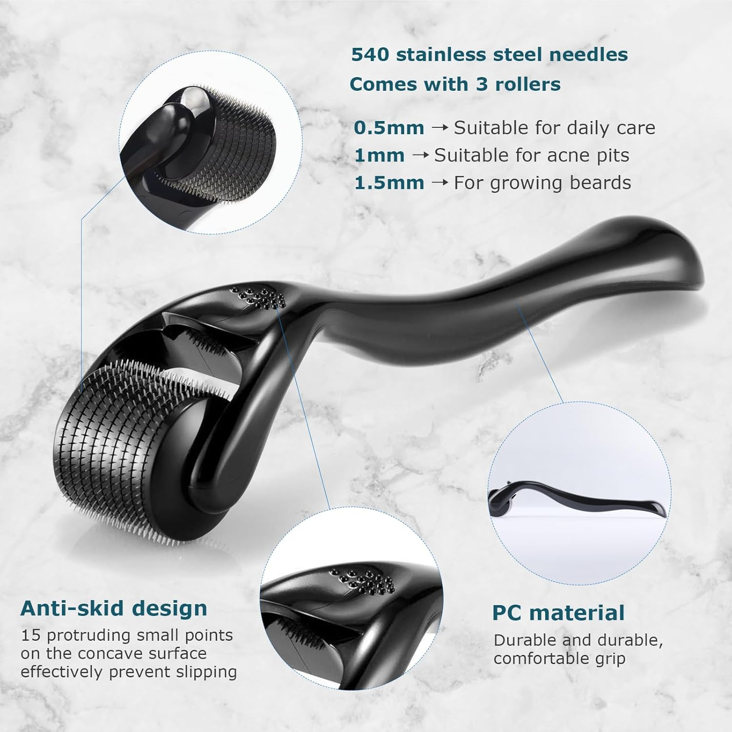 Derma Roller for Hair & Beard Growth, 3 Pack 0.5Mm,1Mm,1.5Mm Microneedle Roller for Face, Body Growth, Skin Care Micro Needle Face Roller for Women & Men, 540 Titanium Scalp Roller Beard Dermaroller