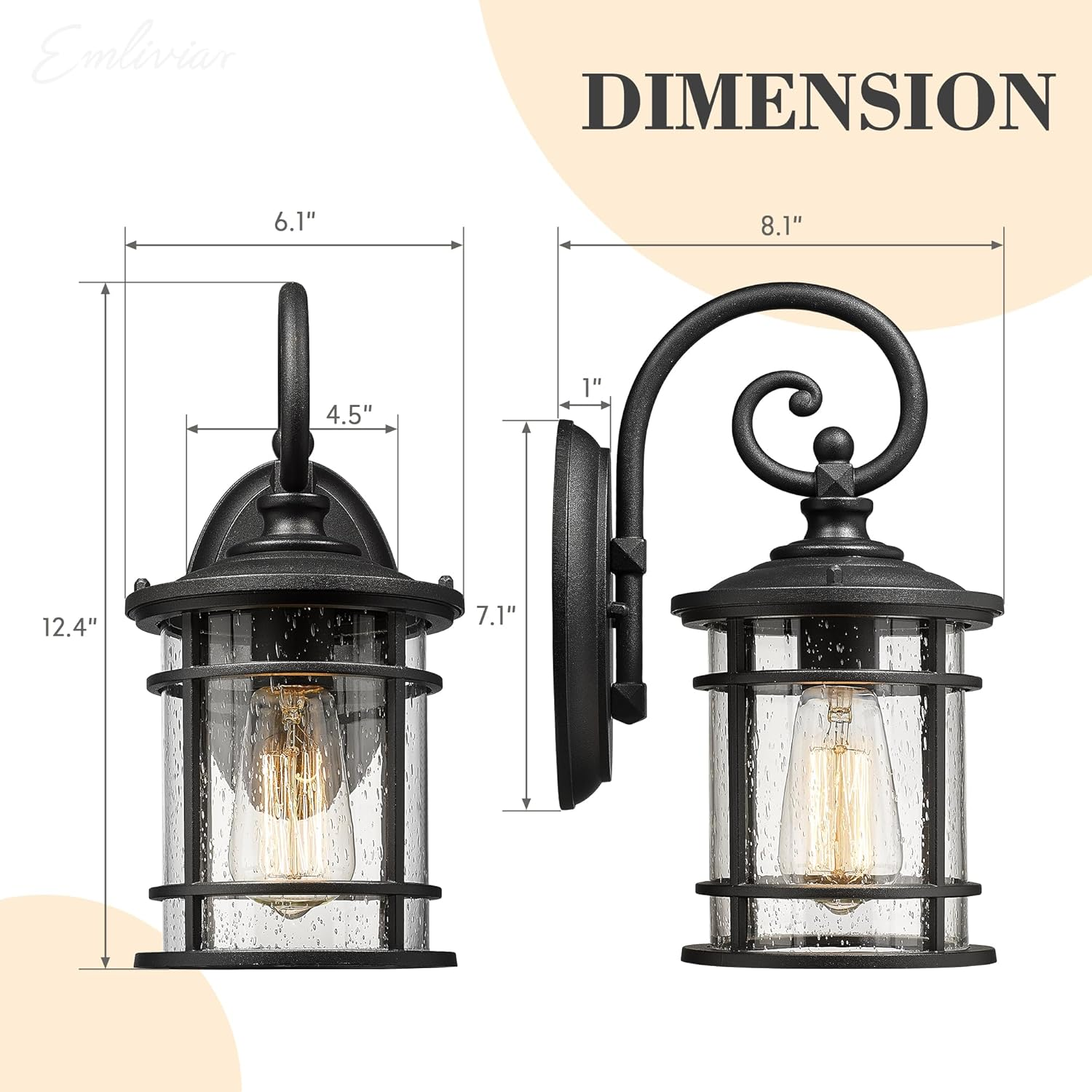 EMLIVIAR Outdoor Wall Light Fixture - Modern Exterior Wall Sconce for House with Seeded Glass Shade, 12.4 Inch Height, Black Finish, XE229B-S BK image number 2