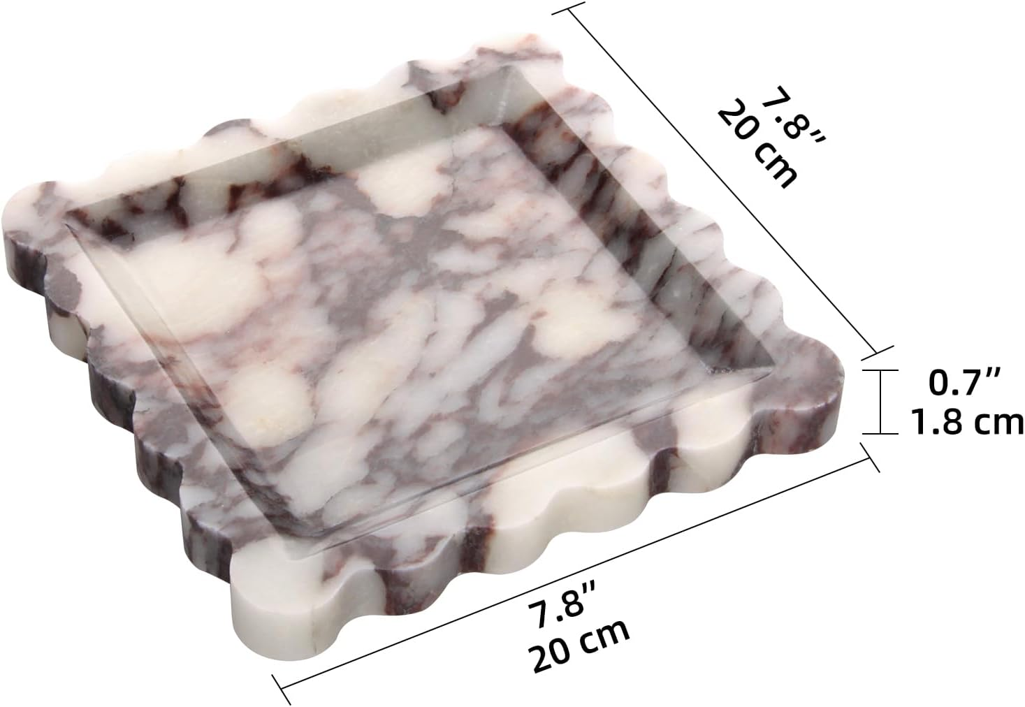 Square Marble Decorative Tray with Scalloped Edge,Luxury Natural Italian Stone Bathroom Vanity Tray, Dresser Top Perfume Coffee Home Sink Tray, Key Trinket Ring (Turkey Calacatta Viola, 8 * 8)