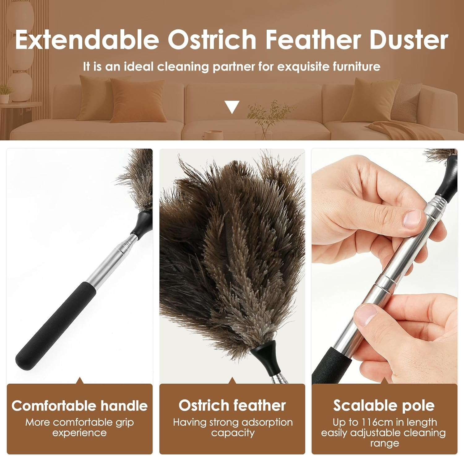 Extendable Ostrich Feather Duster, anti Static Reusable Cleaning Tool, Household Duster for Furniture High Place (Black) - Red image number 2