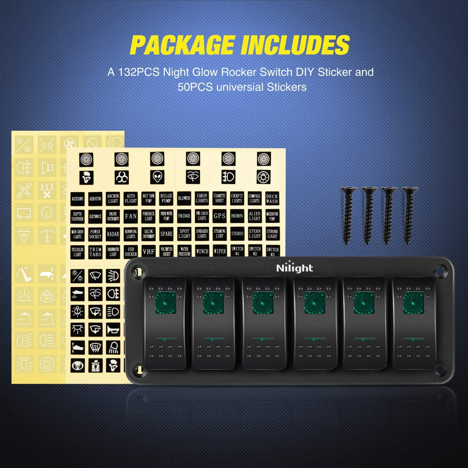 Nilight 6 Gang Rocker Switch Panel 5Pin on off Toggle Switch Aluminum Holder 12V 24V Dash Pre-Wired Green Backlit Switches for Automotive Cars Marine Boats Rvs Truck image number 3