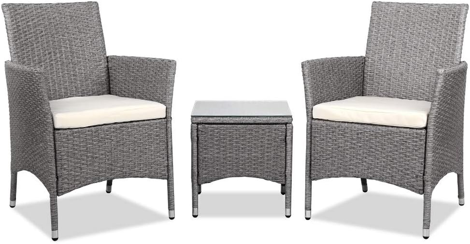Gardeon 3Pcs Wicker Patio Furniture, Bistro Set Table and Chairs Outdoor Lounge Setting Conversation Sets Dining Chair Garden Backyard, Cushion with Rattan Coffee Table Glass Tabletop Grey image number 1