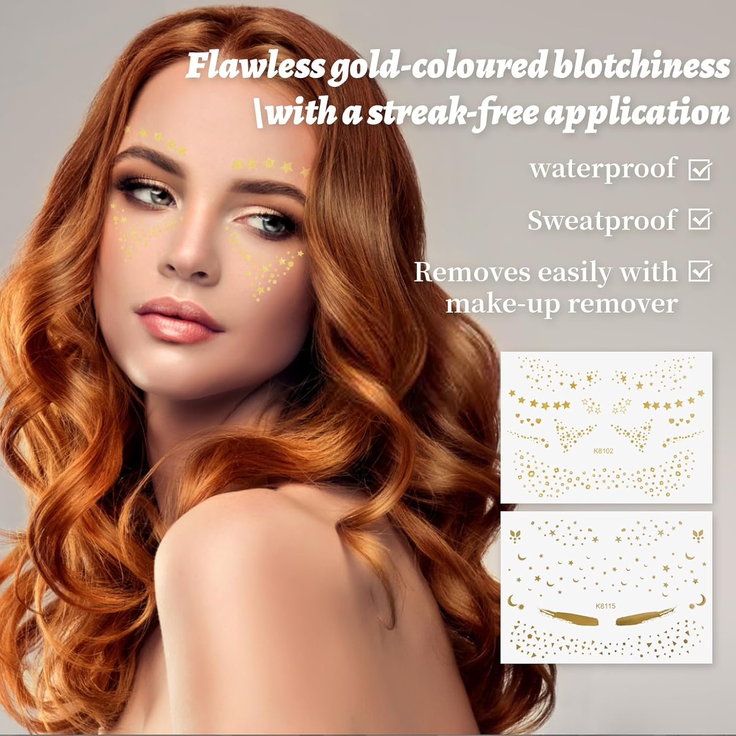 2 Sheets Glitter Freckles Face Tattoo, Sparkle Freckles for Women, Face Waterproof Glitter Speckles Patches, Used for Professional Makeup, Party Gathering (Gold) image number 5