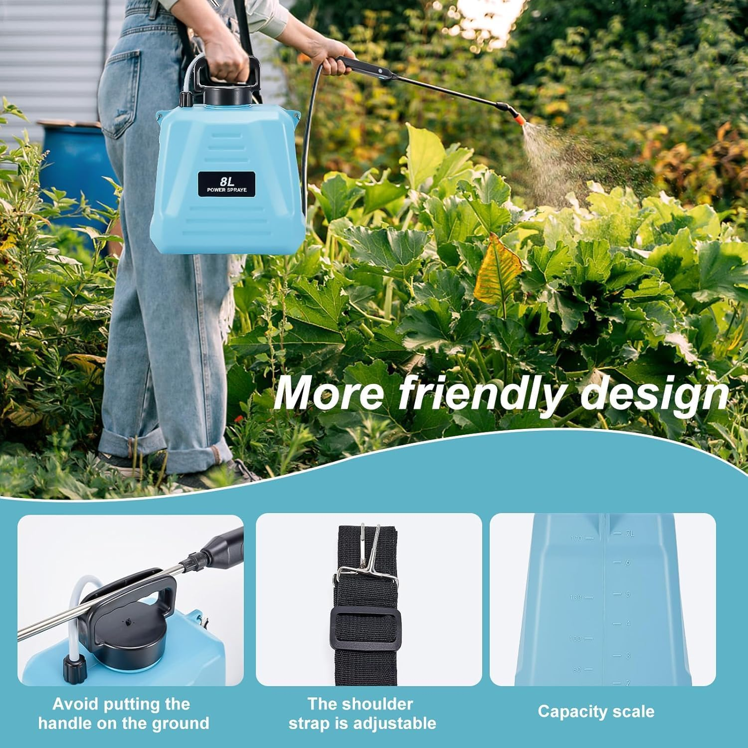 Battery Powered Sprayer 8L,Upgrade Electric Sprayer with 3 Mist Nozzles, USB Rechargeable Handle and Retractable Wand, Garden Sprayer with Adjustable Shoulder Strap for Lawn,Garden,Cleaning (Blue) image number 4