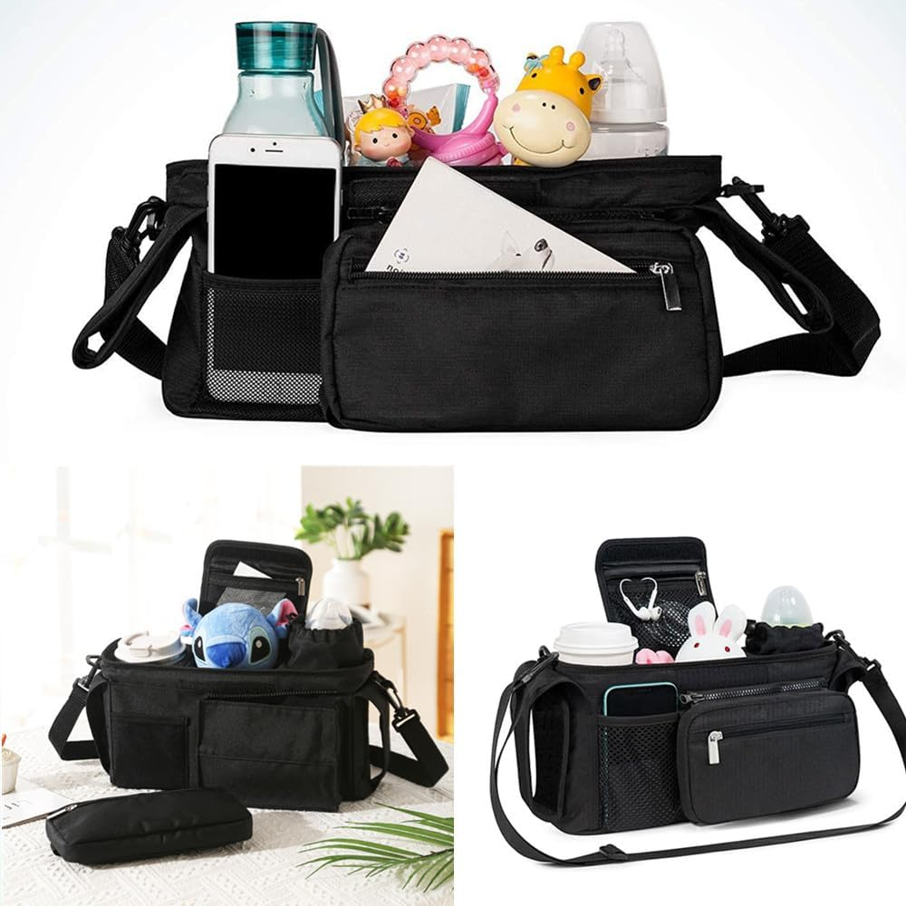 Baby Buggy Pram Caddy, Cuicanfla Universal Pram Organiser Bag with Insulated Coffee Cup Holders & Phone Storage, Travel Bag Pram Organizer,For Most Baby Strollers image number 4