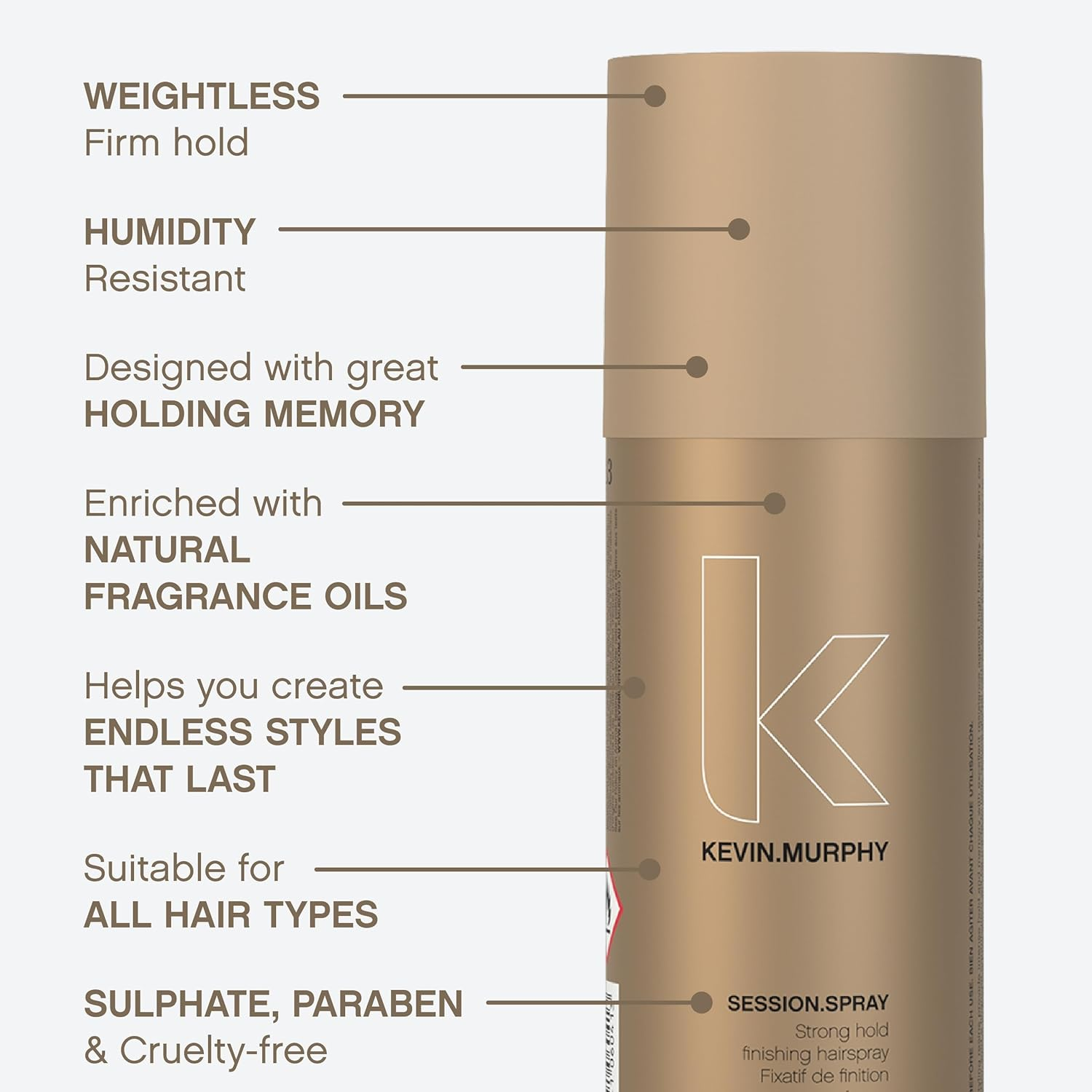 KEVIN.MURPHY SESSION.SPRAY Finishing Hair Spray - for All Hair Types/Humidity Resistant - Strong & Flexible Hold, Weightless Salon Styling Formula with Ivy Extract & Tangerine Peel Oil - 337 Ml