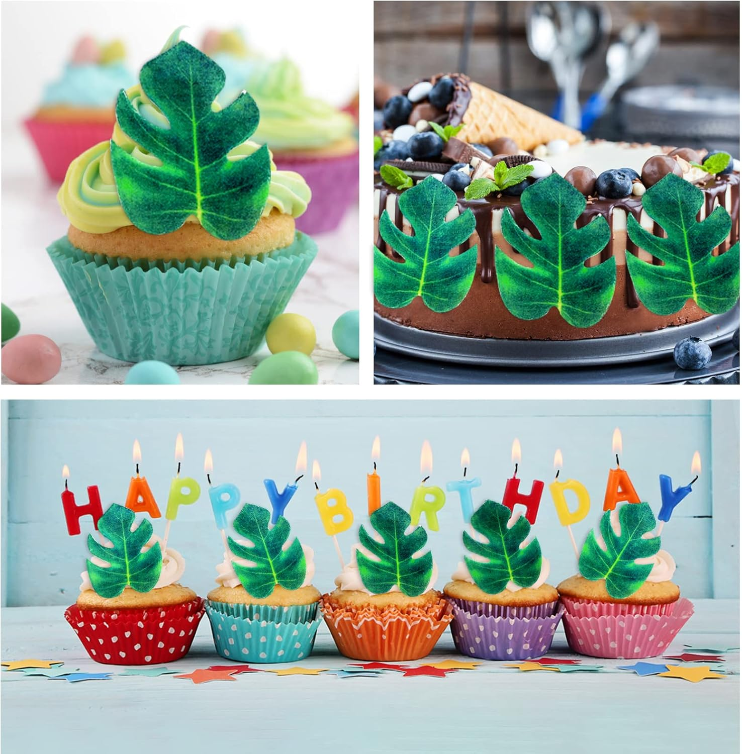 48Pcs Cupcake Toppers Edible Artificial Tropical Monstera Leaves Tropical Palm Leaves Cake Topper Cake Monstera Leaf Decoration for Hawaiian Jungle Summer Tropical Wedding Birthday Cake image number 4