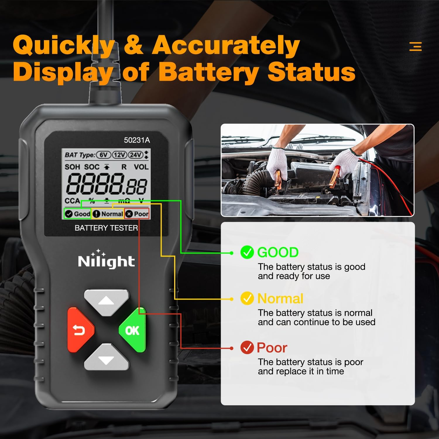 Nilight Car Battery Tester 6V 12V 24V Accurate Digital Auto Analyzer 100-2000 CCA Voltage SOH SOC Internal Resistance Test for Cars Trucks SUV ATV Boats Motorcycles Vehicle image number 3