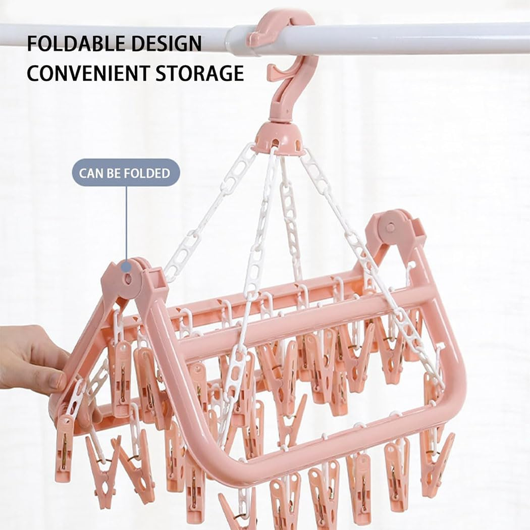 Idopick 2 Pack Clothes Hanger Drying Rack with 32 Clips, Plastic Clothes Drying Hanger and Drip Foldable Hanging Rack Windproof Pegs Hook for Drying/Socks/Underwear/Clothes/Towels (Pink) image number 6