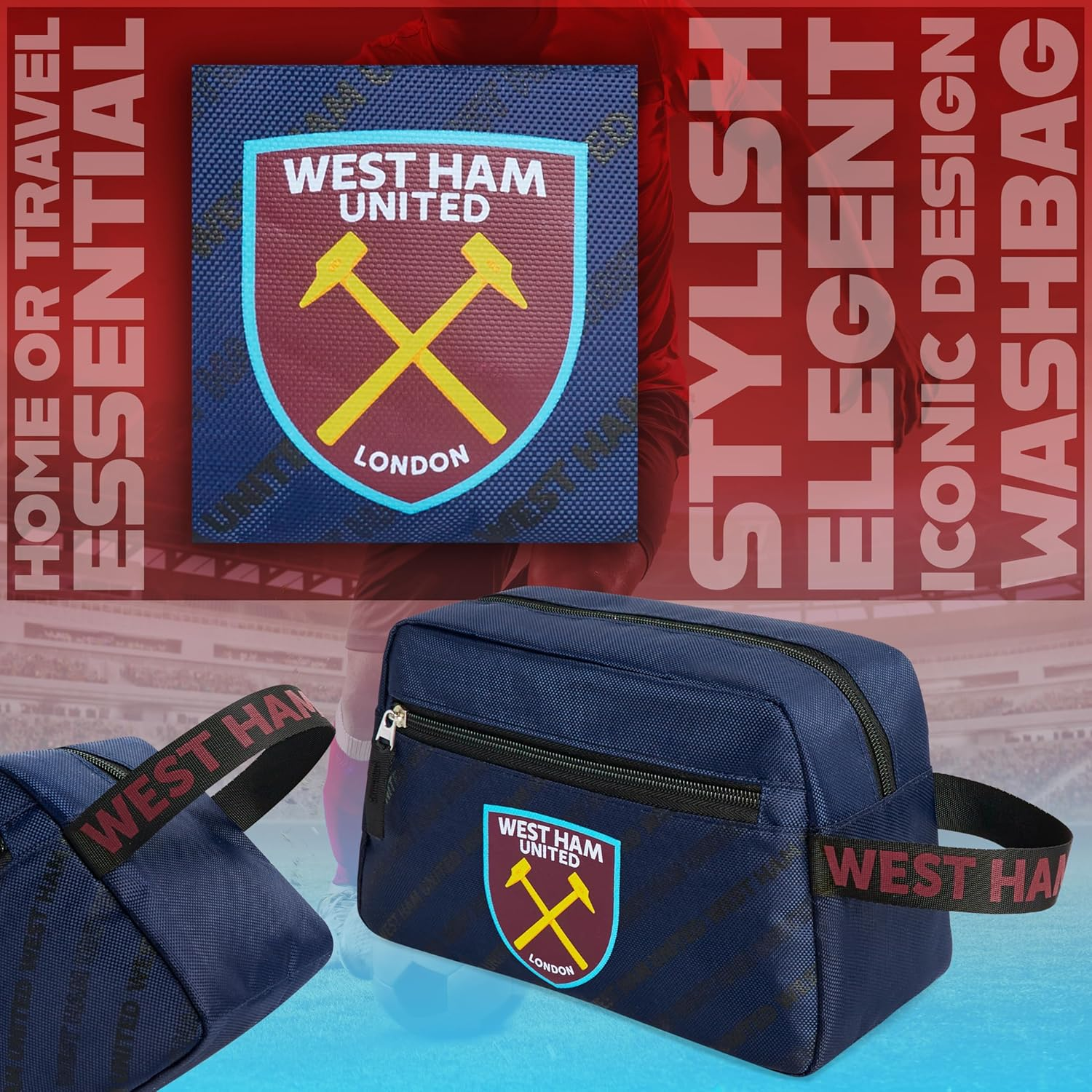 West Ham United F.C. Toiletry Bags for Men, Hanging Wash Bag with Zipped Pocket - Gifts for Him, Navy, Toiletry Bag image number 3
