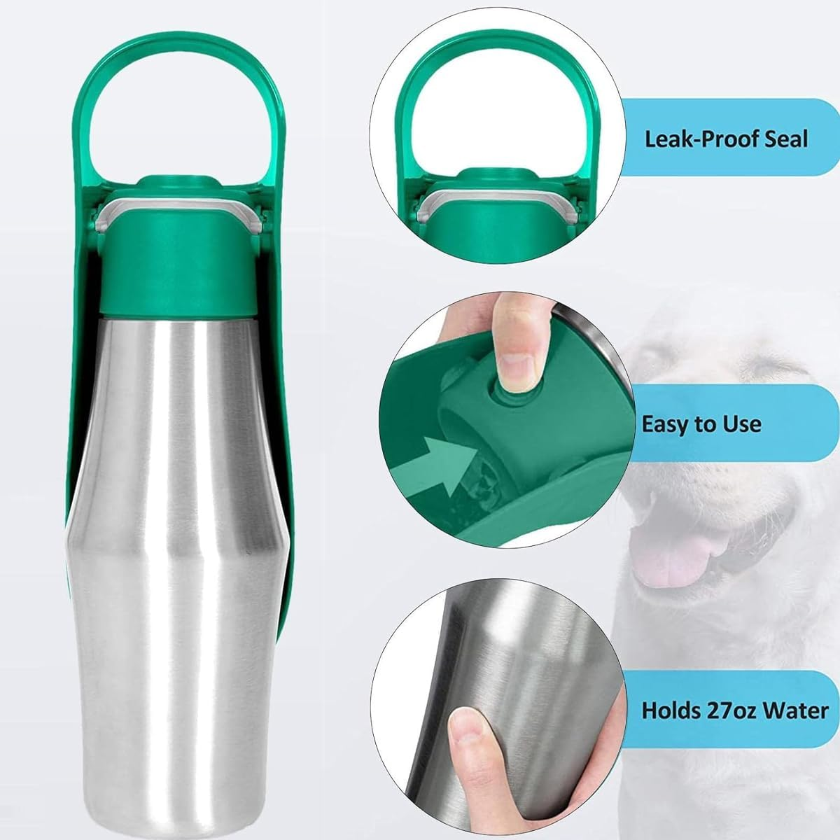 AIMALL Portable Stainless Steel Pet Water Bottle &ndash; 12In Outdoor Travel Dog Water Cup with PP Lid for Cats and Dogs, Leakproof Kettle for Hiking and Walking, Green