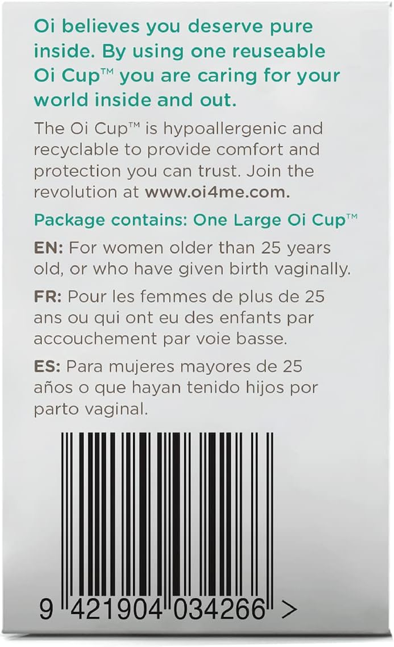 Oi Menstrual Cup - Large - up to 8 Hour Protection, Eco-Friendly and Recyclable Menstrual Cup Made with Hypoallergenic Medical Grade TPE, a Natural Alternative to Tampons and Pads