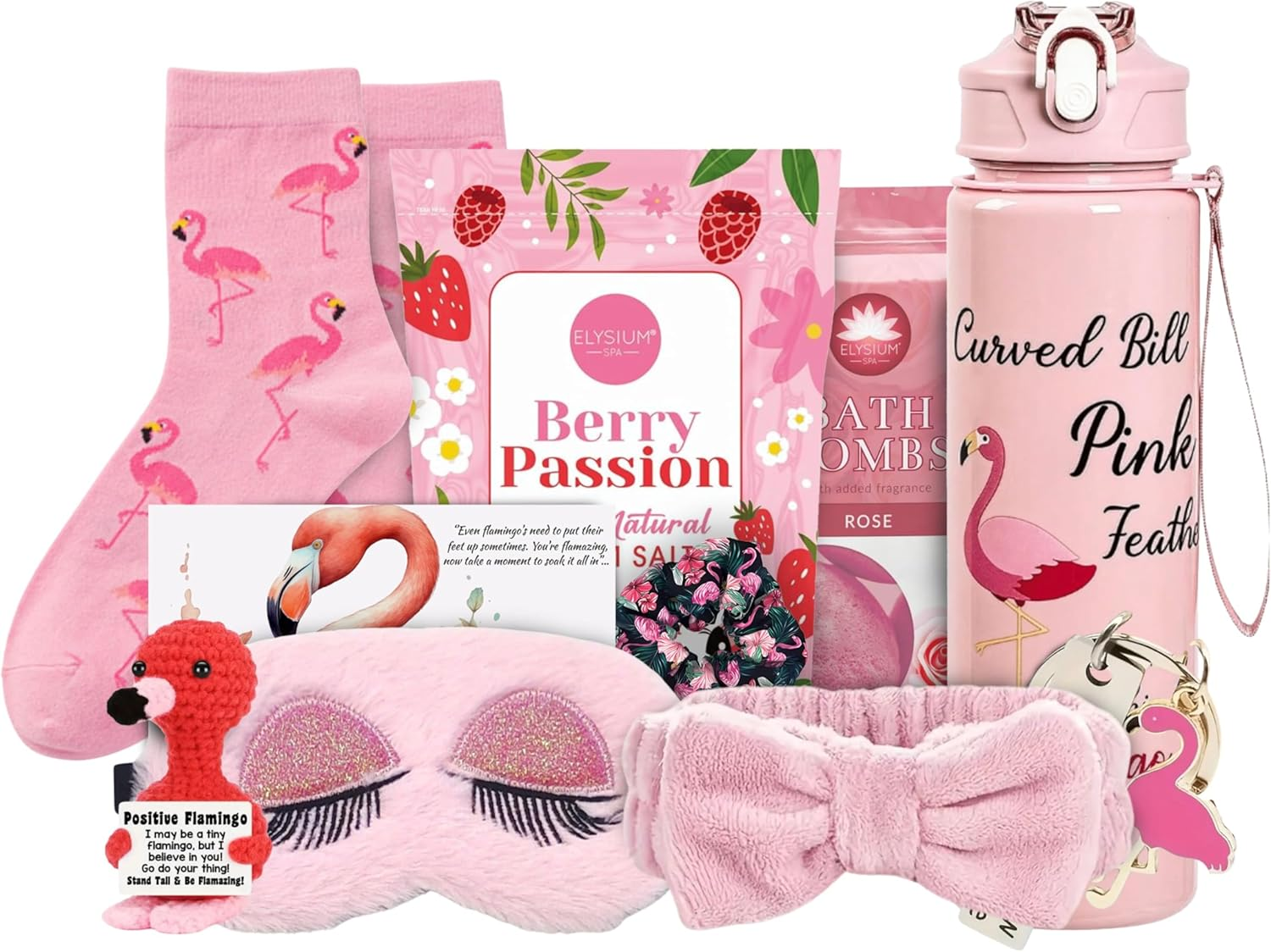 Infinite Emblems Flamingo Gifts Set for Women with Positive Crochet Flamingo, Keyring, Water Bottle, Socks, Bath Bomb, Bath Salt, Sleep Eye Mask, Scrunchies, Pink Headband and Affirmation Card image number 2