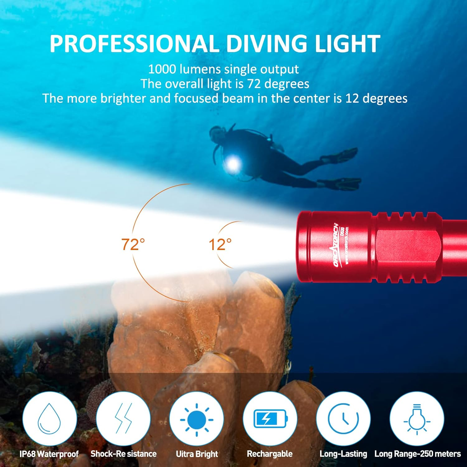 ORCATORCH D520 Scuba Dive Light 1000 Lumens Compact Diving Flashlight IP68 Waterproof Night Dive Torch Submarine Diving Lights with Rotary Switch for Underwater 150 Meters Deep Sea Diving (Red) image number 2