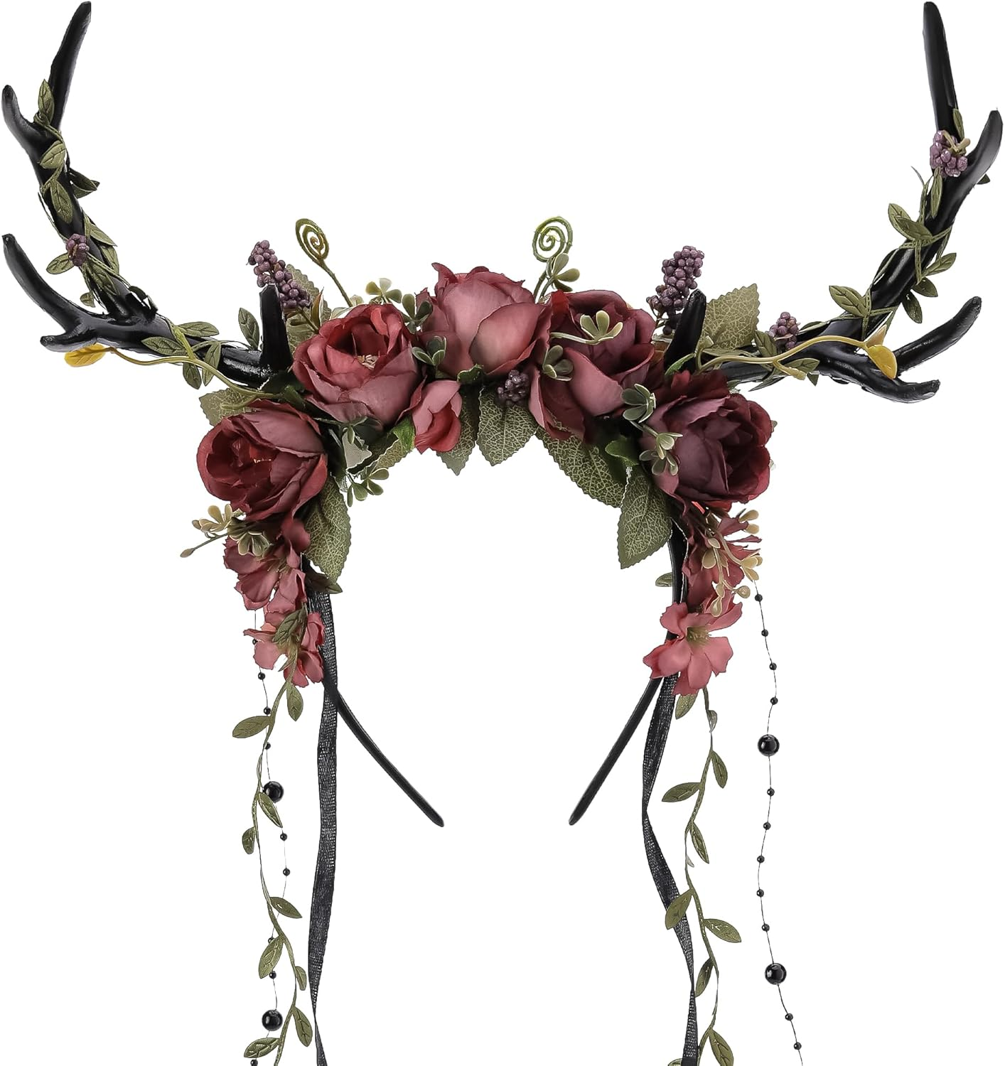 MOSTORY Flower Reindeer Headband for Women - Floral Antler Headpiece Woodland Deer Horns Hairband for Renaissance Cosplay