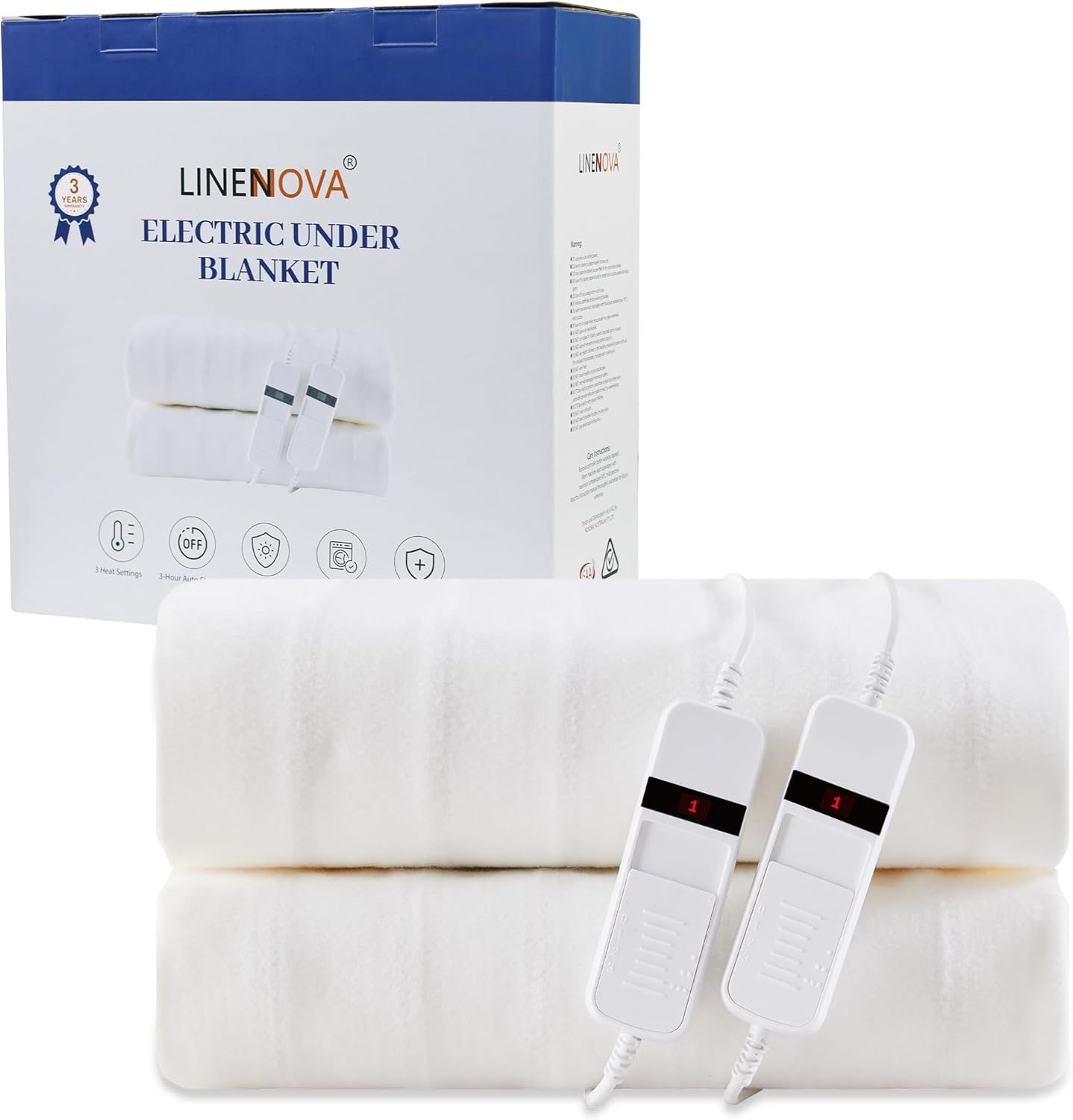 LINENOVA Electric Blanket Queen, Fully Fitted Heated Underblanket with Dual Controls, 3 Heat Settings, Auto-Off Timer, Safety Overheat Protection, Machine Washable Zone Heating - White