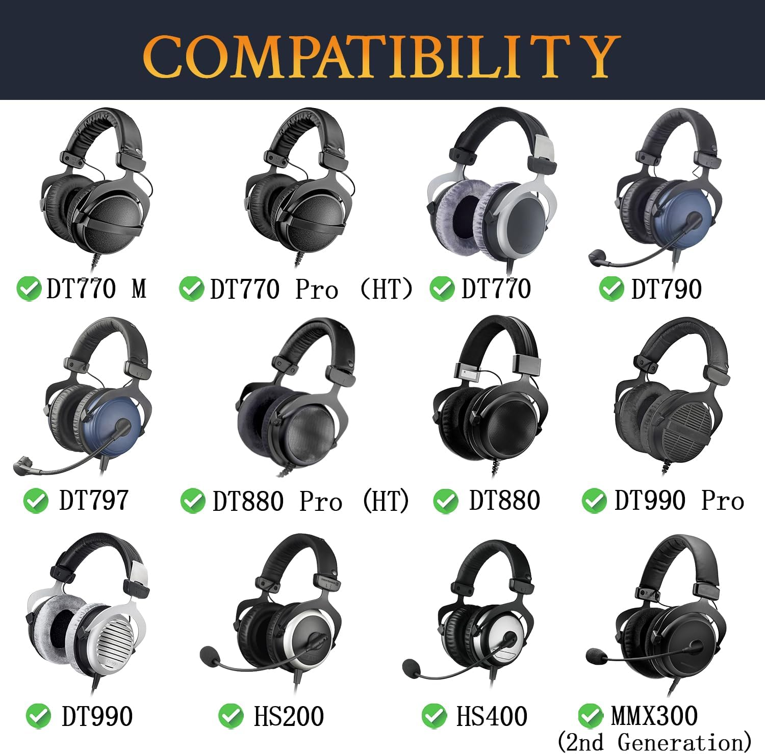 SOULWIT Replacement Headband Pad Kit for Beyerdynamic Dt770/Dt770M/Dt770Pro/Dt770 Pro HT/DT 790/DT797/DT880/DT880 Pro/Dt880 Pro HT/DT990/DT990 Pro/Hs200/Hs400/Mmx 300 (2Nd Generation) - Black image number 1