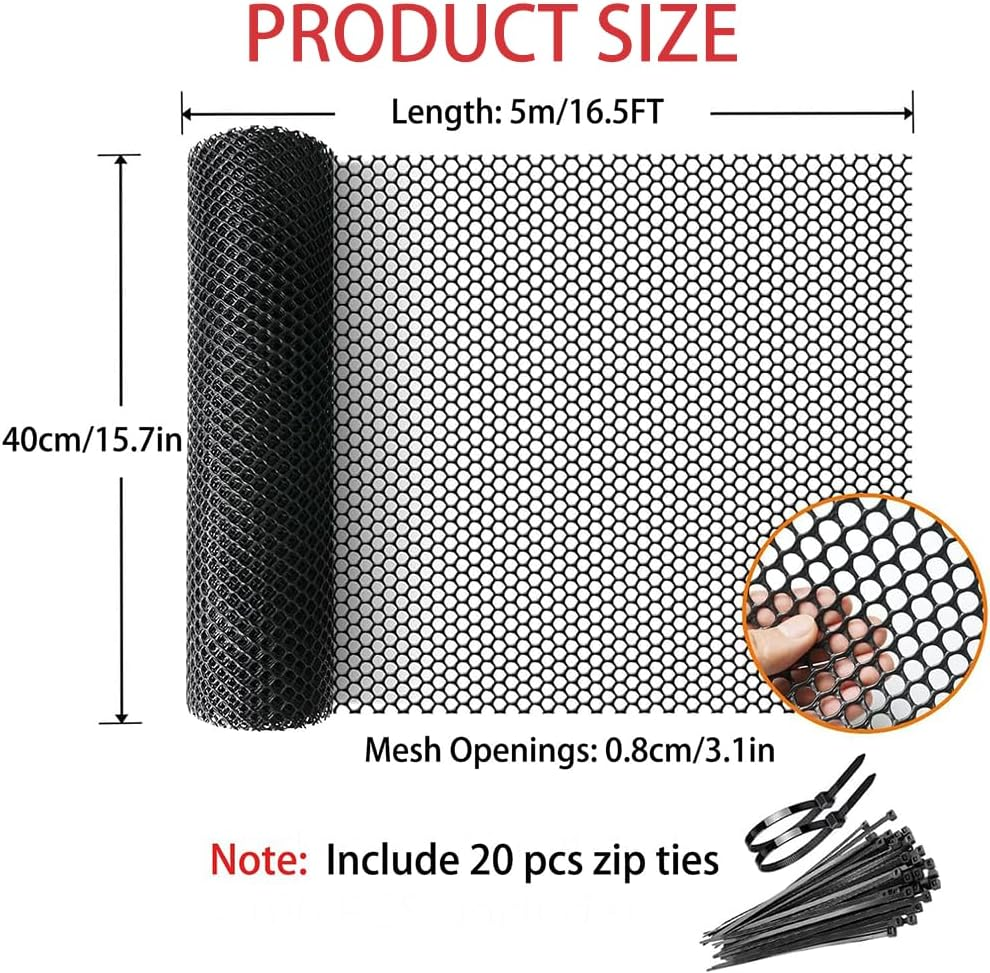 1 PCS Plastic Mesh Fence Roll with Zip Ties,15.7Inx16.4Ft,Chicken Protection Net for Dogs,Rabbits & Poultry - Chicken Netting - Snake Barrier - Balcony Netting for Pets - Balcony Cat Barrier,Black image number 3