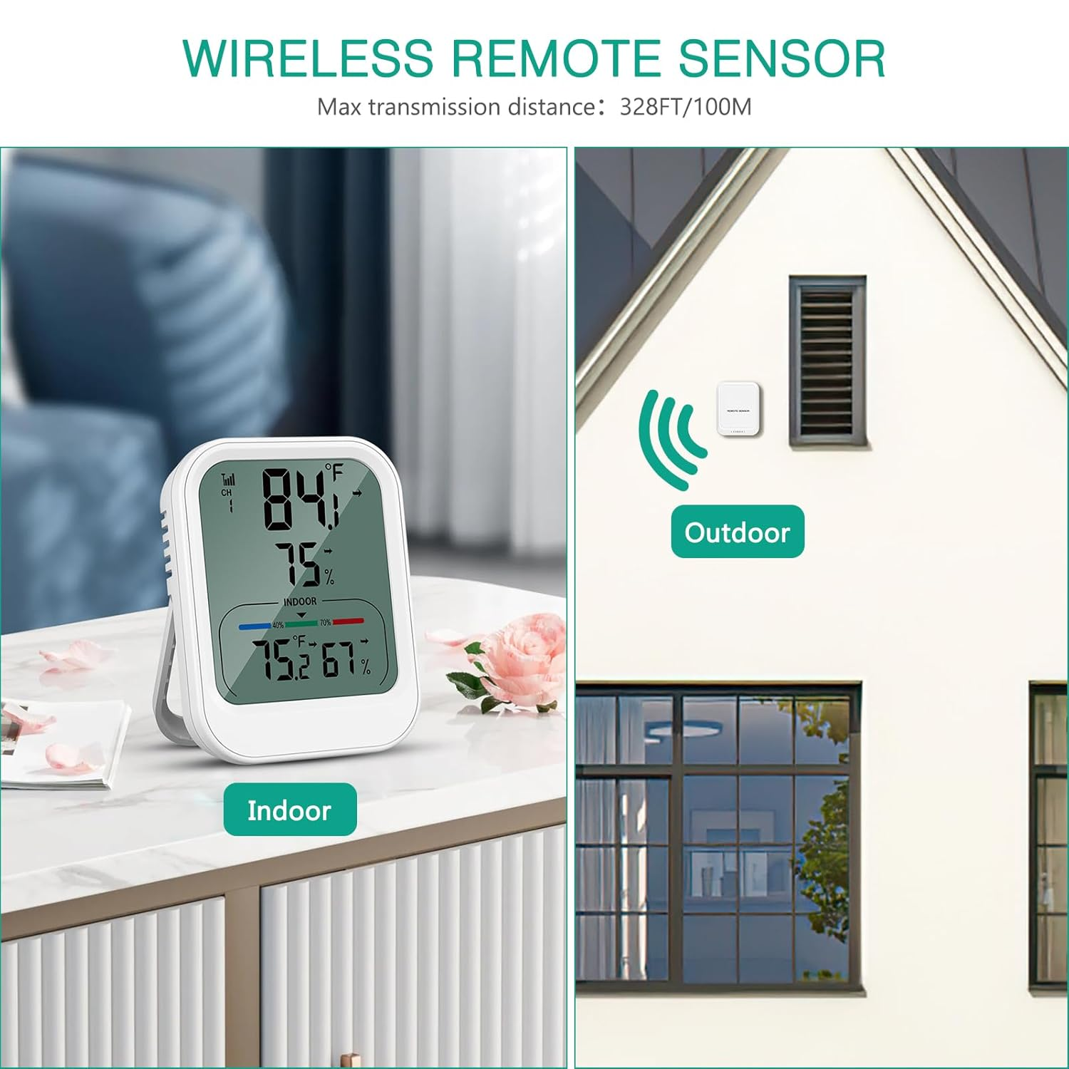 ORIA Digital Thermometer Hygrometer, Indoor Outdoor Thermometer with Wireless Sensor, Temperature Humidity Monitor Gauge with MAX/MIN, &deg;C/&deg;F, 328Ft/100M Range, for Home, Baby Room, Cellar, Greenhouse image number 2