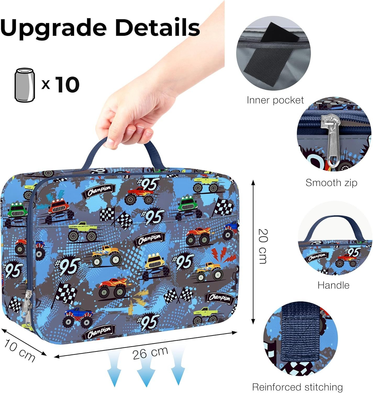 Clastyle Car Insulated Kids Lunch Bag Truck Large Thermal Cooler Bag for Boy Picnic School Lunch Box Tote,Racing Flag image number 1