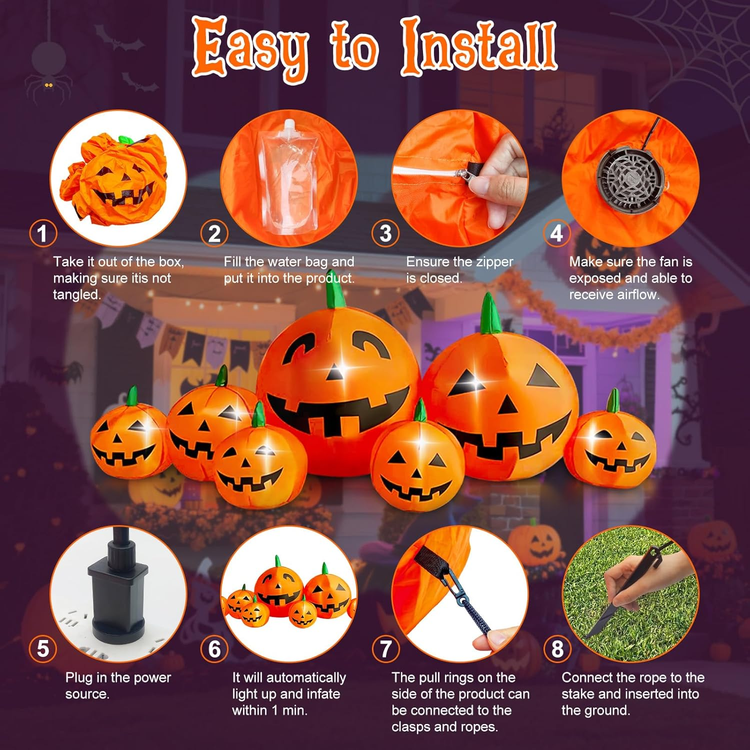 Oolong 8 Ft Halloween Inflatable Pumpkin Patch Family Decoration Jack-O-Lantern Decor for Lawn Yard Home Party Indoors Outdoors image number 1