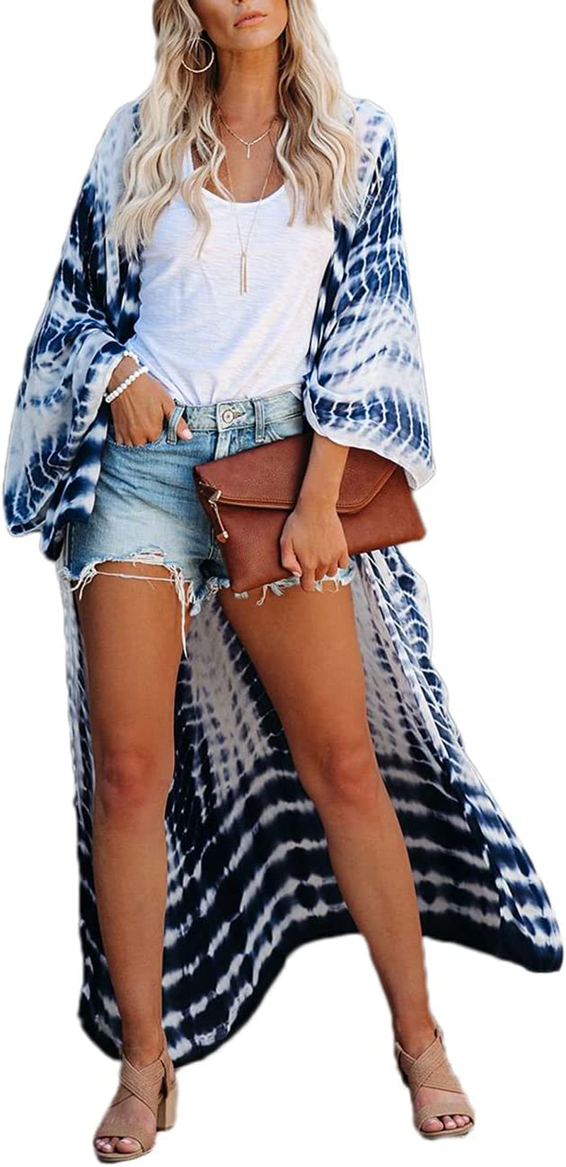 Bsubseach Stylish Tie Dye Open Front Long Kimono Swimsuit Cover up for Women image number 4