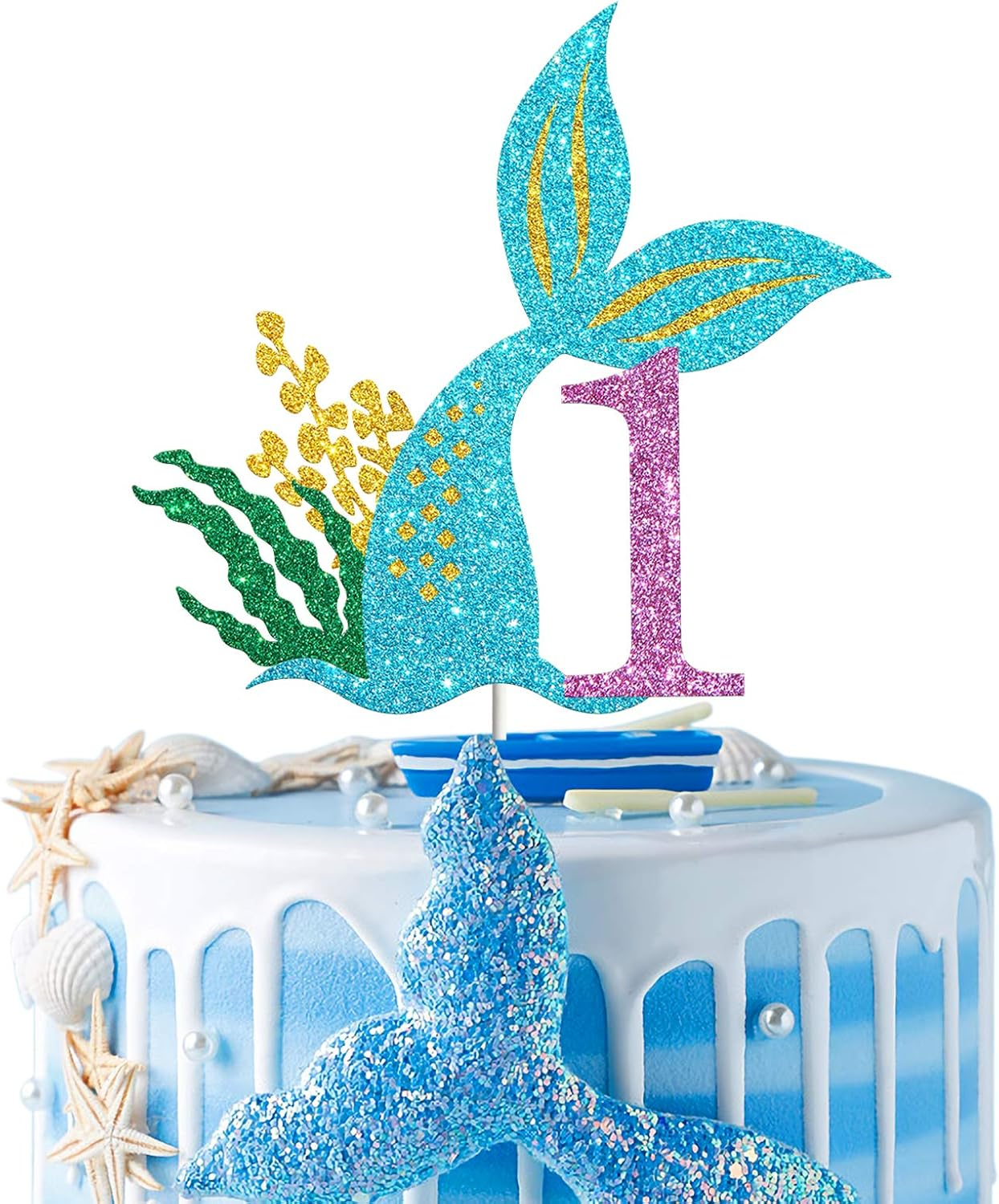 Mermaid One Cake Topper, Happy 1St Birthday Cake Decor, I'M One Sign, Little Mermaid Birthday Party Decoration Supplies, Daughter of the Sea, under the Sea Themed, Ocean Themed - Glitter image number 1