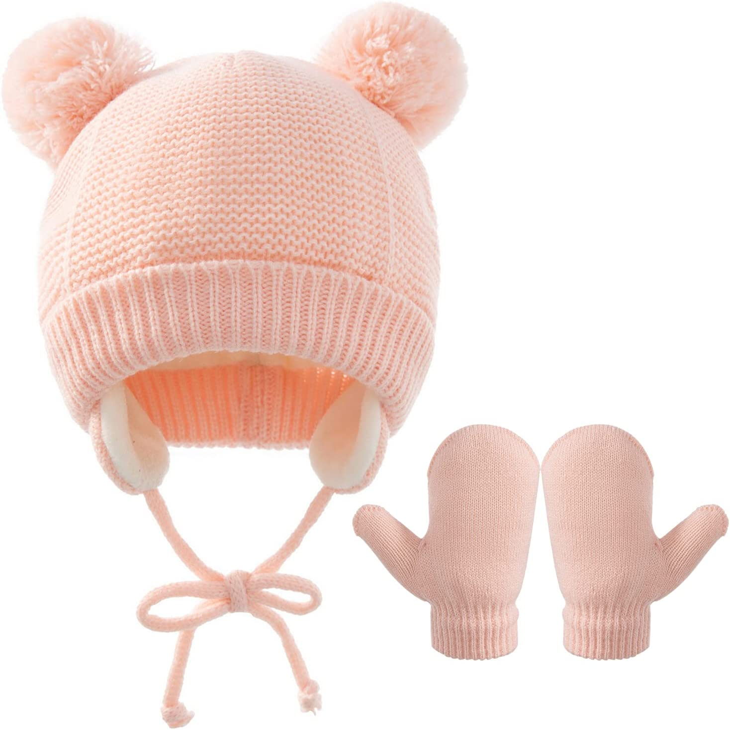 Baby Toddler Winter Beanie, Sets of Boys Girls Earflap Hat with Warm Gloves,Cute Bear Infant Knit Caps, Soft Warm Fleece Lind Knit Cap for Baby 1-4 Years