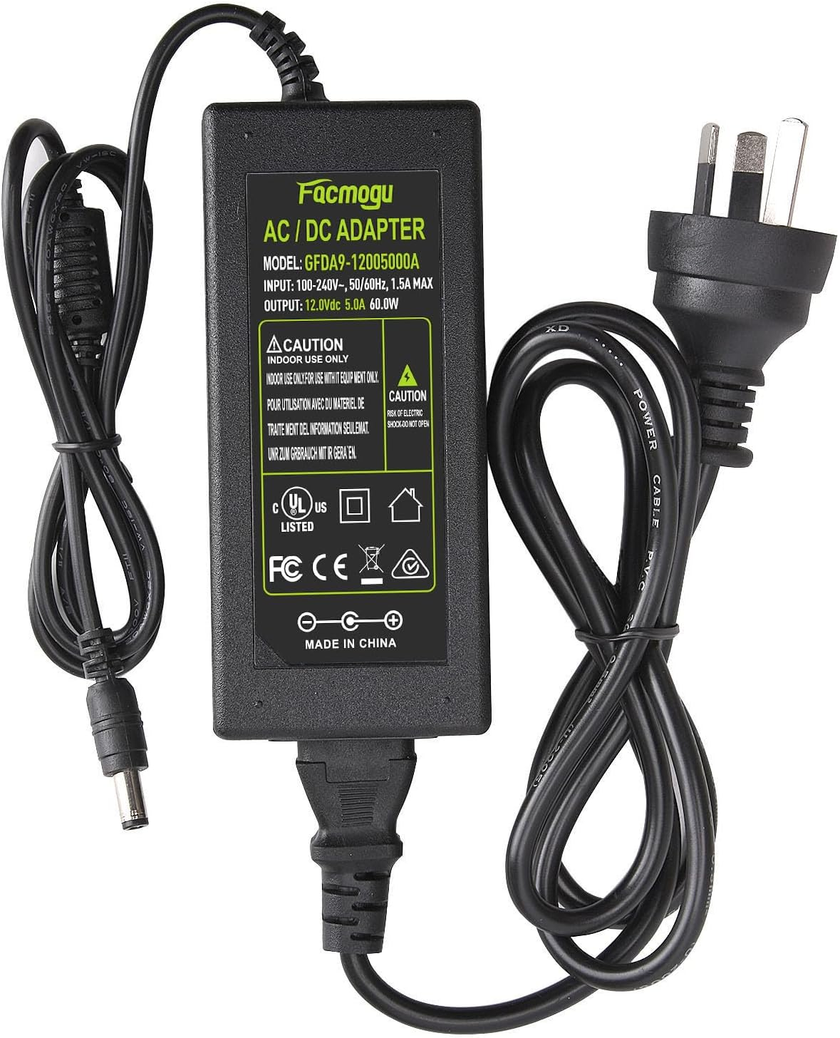 Facmogu AC to DC 12V Power Adapter, AC 100V-240V to DC 12V 5A 60W Power Supply, AU Plug 5.5X2.5Mm & 5.5X2.1Mm, 2.1M/ 6.9Ft Long Cable Switching Transformer Converter for LED Strip Light Cameras CCTV image number 2