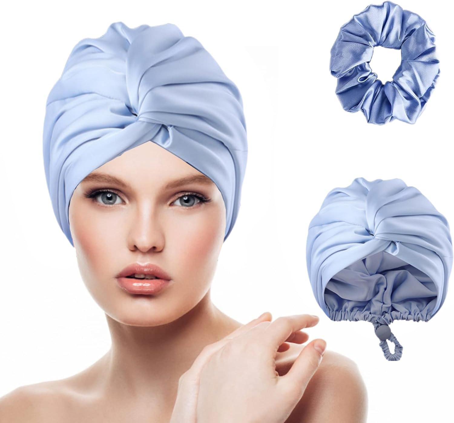 AUMA Adjustable Satin Silk Bonnet for Sleeping: Night Sleep Cap Turban for Women Men, Large Long Curly Hair Braid Wrap Tie Elastic Drawstring Band Stay on Head Unisex,Blue - Champagne image number 2
