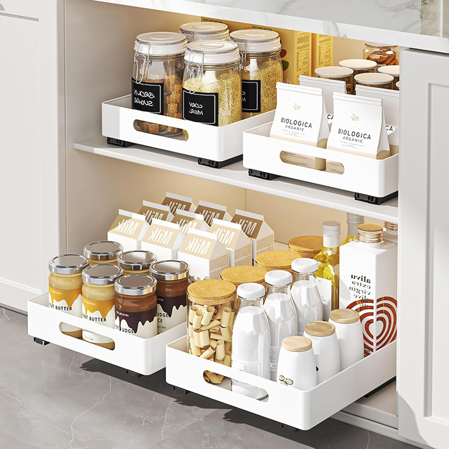 2 Pack Pull Out Cabinet Organizer, Adhesive Slide Out Drawer for Cabinets, Peel and Stick Pull Out Drawer Shelves, Multifunctional Drawer Organizers for Kitchen, Pantry, Bathroom, Bedroom (White) image number 3