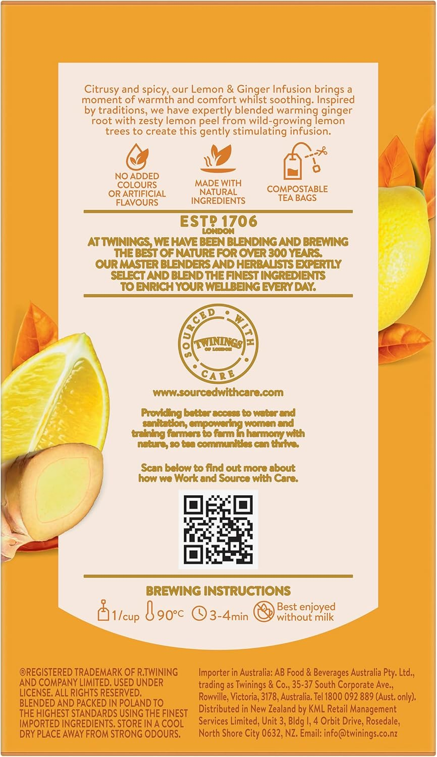 Twinings Lemon & Ginger Herbal Tea, 40 Tea Bags, Caffeine Free, with Lemongrass and Ginger Root image number 1