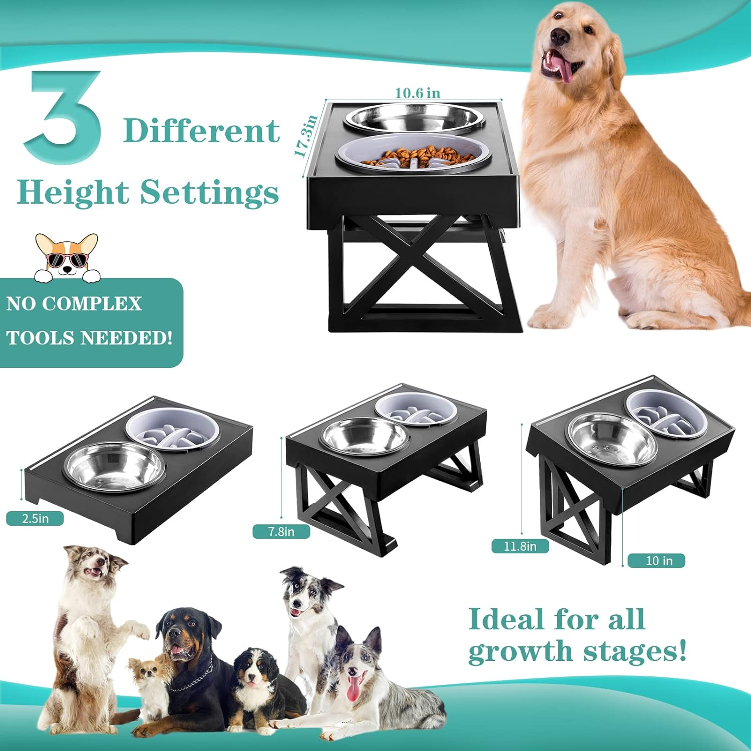 MDEHOPET Elevated Dog Bowls for Large Dogs, 3 Adjustable Heights Raised Pet Bowl Stand Feeder with Slow Feeder Bowl 2 Stainless Steel Food & Water Bowls for Small Medium Large Dogs and Pets image number 4