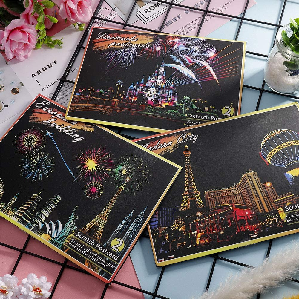 20 Sheets Rainbow Night View Scratch Paper for Arts and Crafts Famous City Landmarks Tool Kit A5 Size image number 6