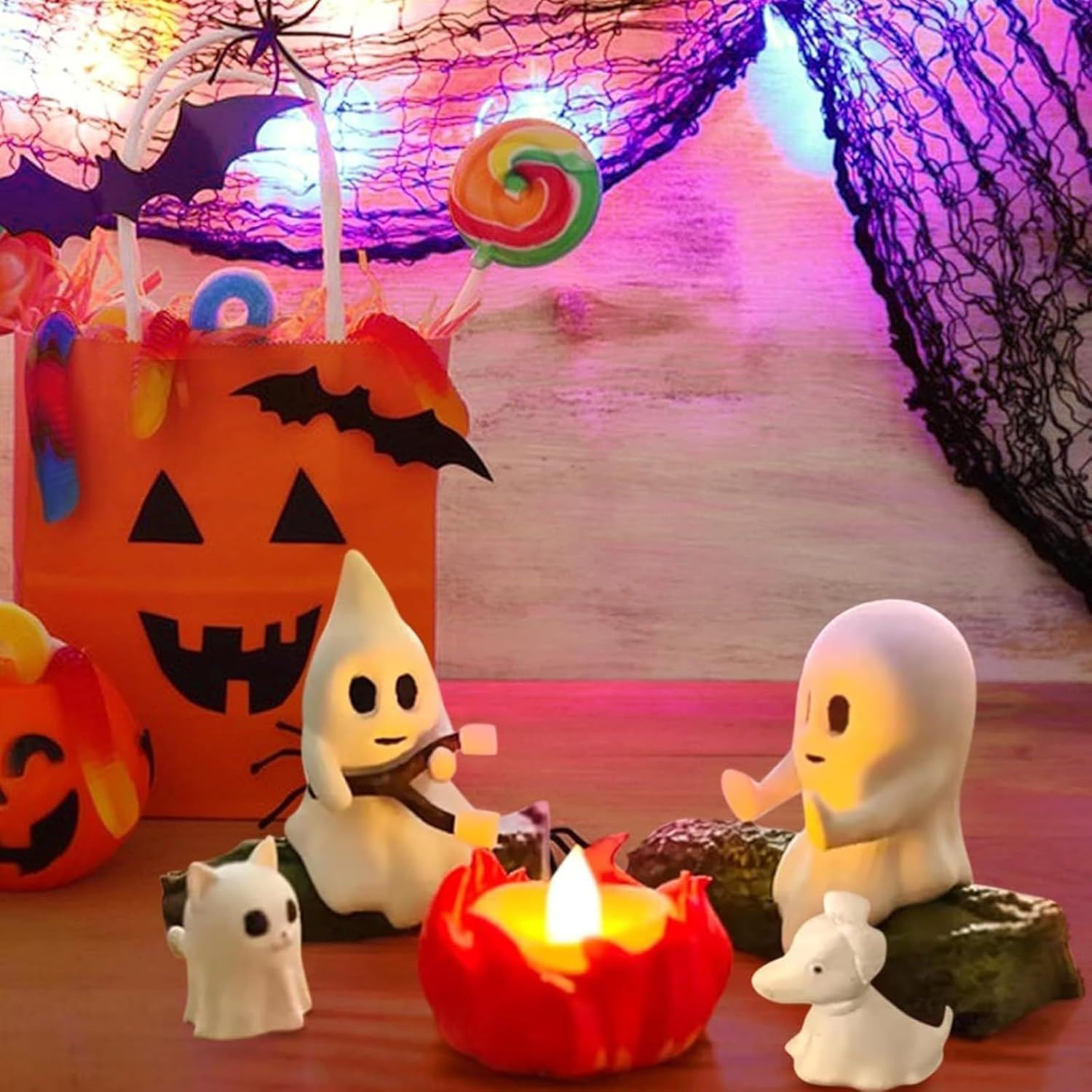 Halloween Ghost Bonfire Decoration, Night Light, Resin Ghost Decoration with Flashing LED, Halloween Decoration, Cute and Comfortable Ghost Statue, Suitable for Home or Desk (Cats and Dogs) (A) image number 1