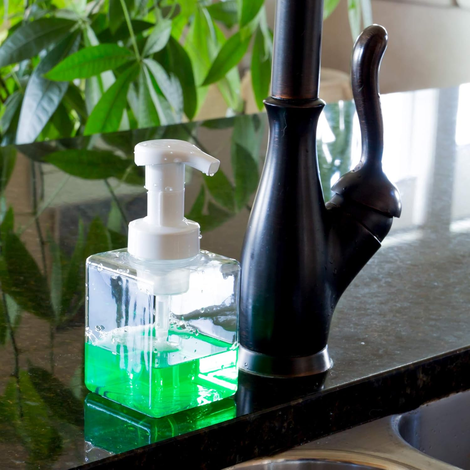 Youngever 4 Pack 360Ml Clear Plastic Square Pump Bottles, Plastic Foaming Soap Dispenser, Refillable Plastic Pump Bottles with Travel Lock (12 Ounce)