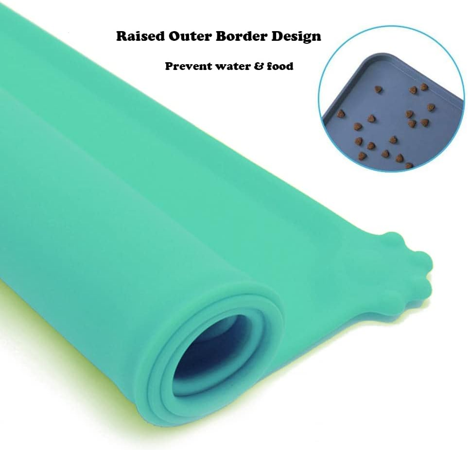 Love Dream Silicone Pet Feeding Mat, Waterproof Dog Cat Bowl Mat, Raised Edges to Prevent Spills, Easy Clean Nonslip Dogs and Cats Placemat Tray to Stop Food and Water Bowl Messes on Floor (Green) - Blue image number 4