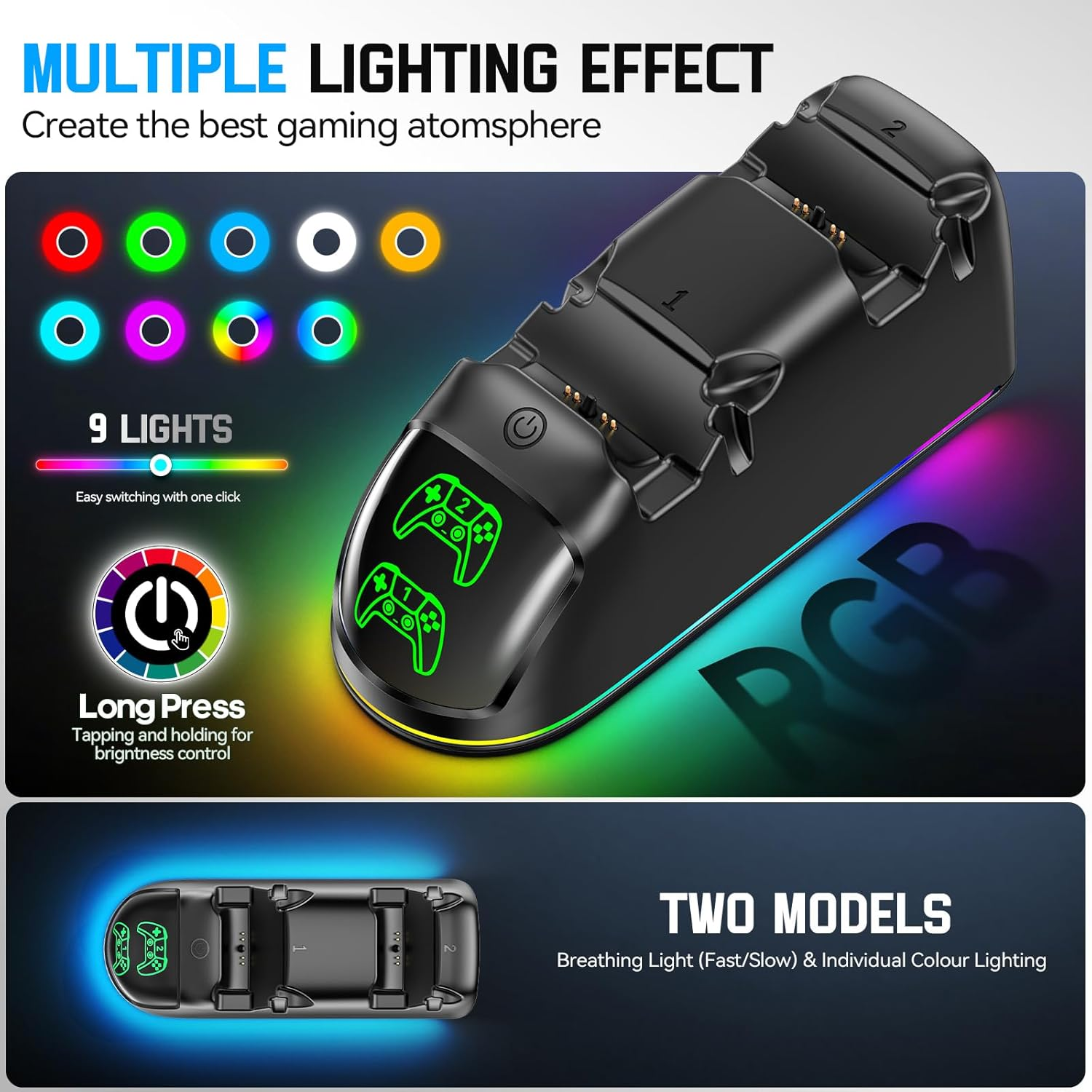 Gersker PS5 Controller Charger, PS5 Charging Station Compatible with Playstation 5 Dual & Edge with RGB Light, Fast PS 5 Charger Dock with Cable for PS 5 Accessories, Black コントローラー充電スタンド image number 3