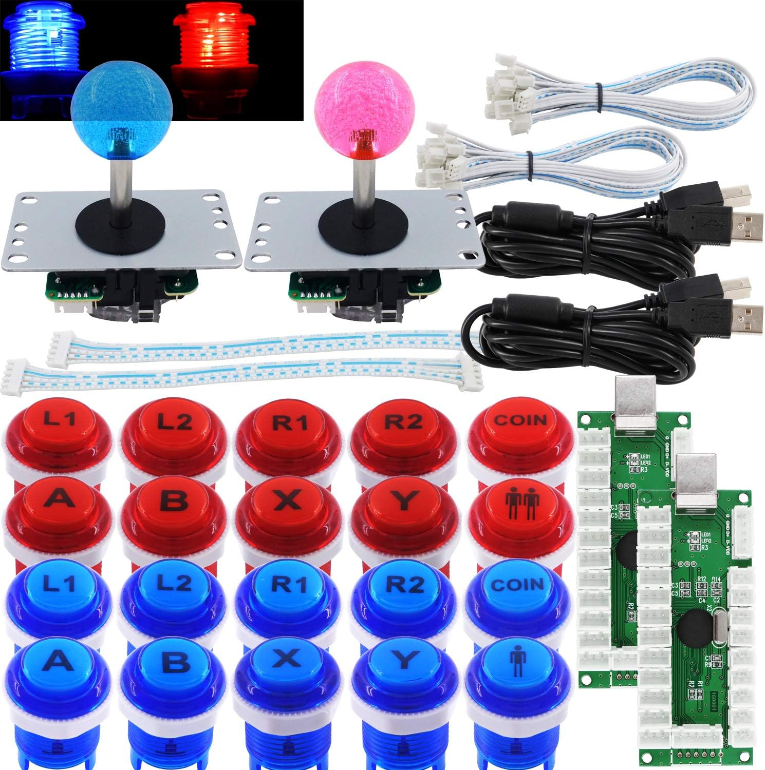 SJ@JX Arcade 2 Player Game Controller Stick DIY Kit LED Buttons with Logo MX Microswitch 8 Way Joystick USB Encoder Cable for PC MAME Raspberry Pi Color Mix