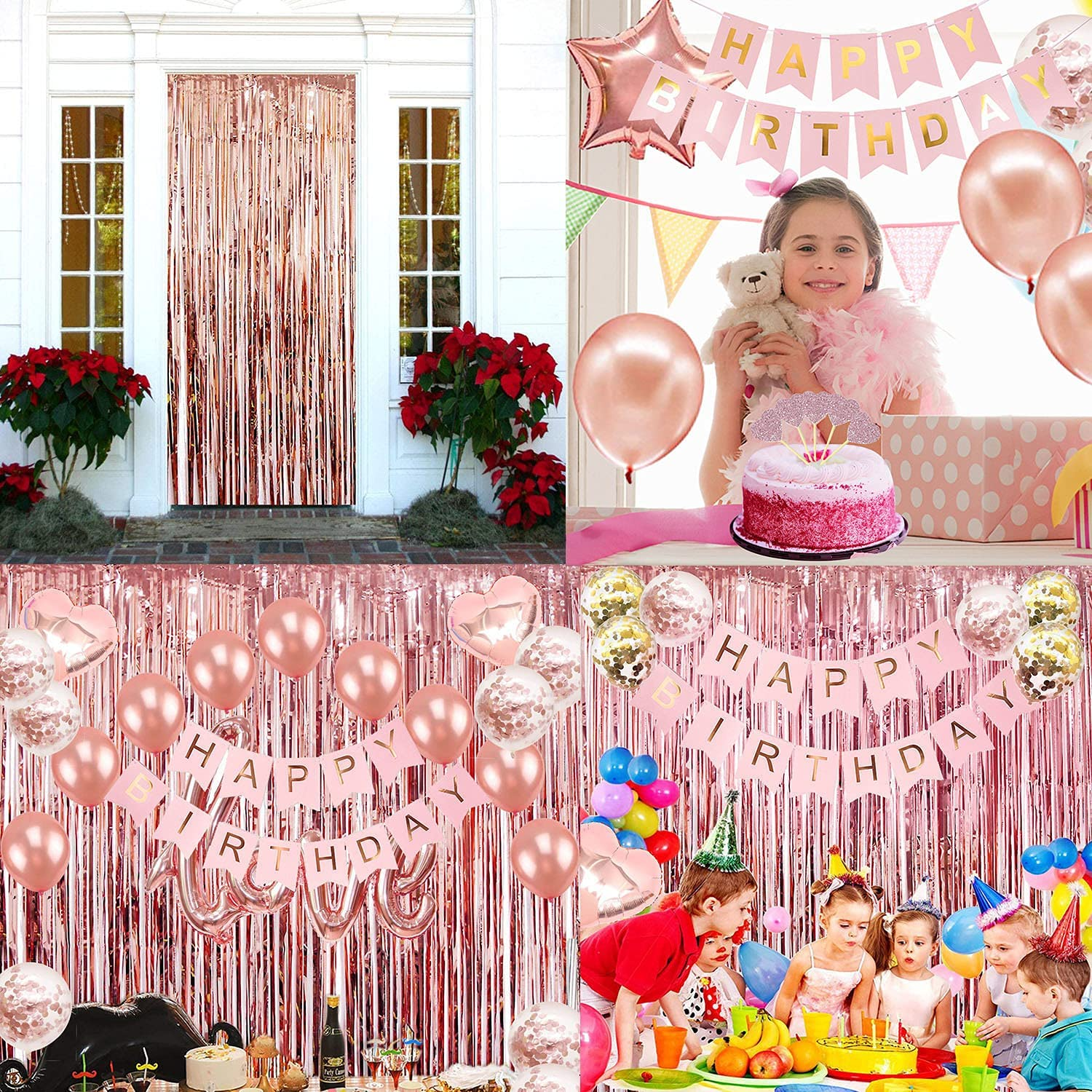 Birthday Decorations Rose Gold Party Supplies Happy Birthday Banner Rose Gold Balloons Foil Curtains Hanging Swirls Cupcake Toppers for Girls Women Princess Party - Rose Gold image number 2