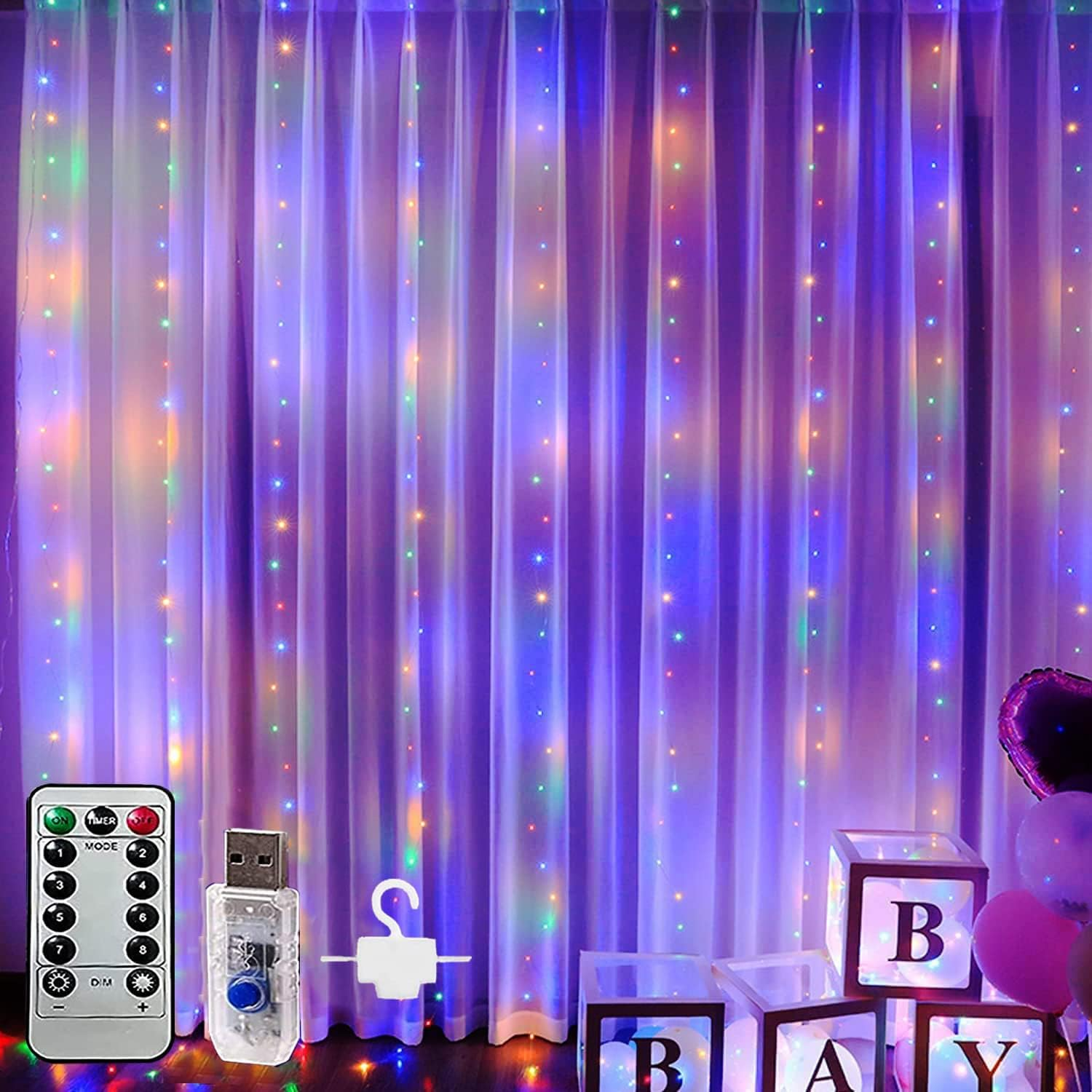 300LED Curtain String Lights,Usb Plug Fairy Curtain Lights in 8 Modes Christmas String Hanging Lights with Remote Controller for Bedroom,Indoor,Outdoor,Weddings,Party,Porch,Birthday Decorations (3*3M) White