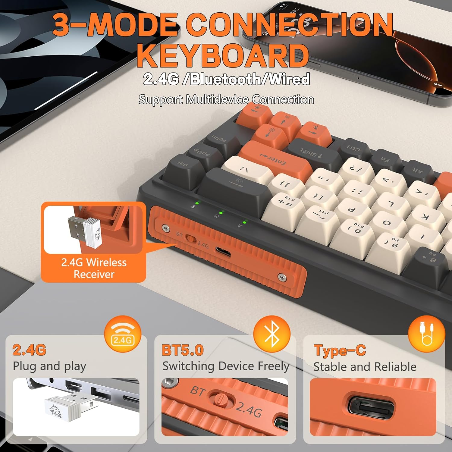 FREEWOLF M68 65% Wireless Gaming Keyboard,Bluetooth/2.4Ghz/ Wired Tri-Mode Silent Membrane Keyboard,Pbt Keycaps,2000Mah Rechargeable,67 Keys Rainbow LED Backlit PC Gaming Keyboard for Win/Mac-Shimmer image number 1