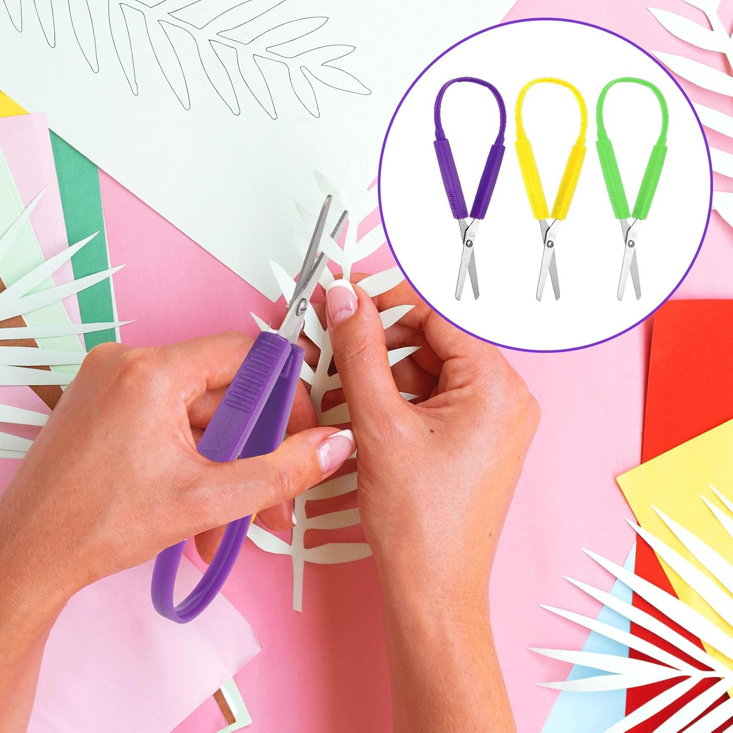 1Pcs Mini Loop Scissors Adaptive Design Scissor Self-Opening Handle Safety Scissors for Kids Children Schools Special Need Daily DIY Crafts(Purple) image number 5