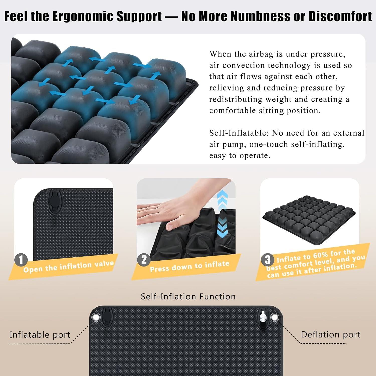 Upgraded Portable Travel Cushion, 3D Air Cell Seat Cushion, Self-Inflatable Seat Cushions, for Pressure Relief, Comfortable Travel for Airplane, Wheelchair, Car Set, Office Chair, Floor(49 Air Cells) image number 2