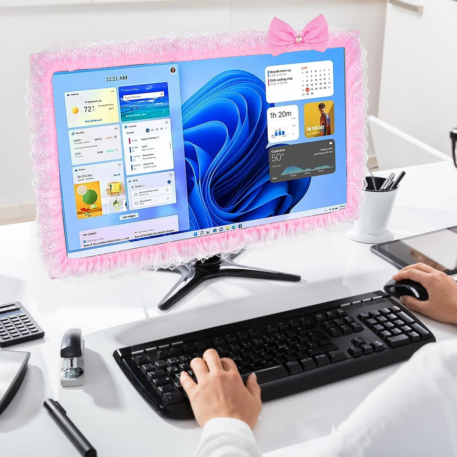 Reignsword 2 Pack Cute Computer Monitor Cover, 23''-26'' Elastic Monitor Dust Cover with Bow Knot, Lovely Monitor Accessories Screen Monitor Decoration for Tablet (Pink) - Red image number 7