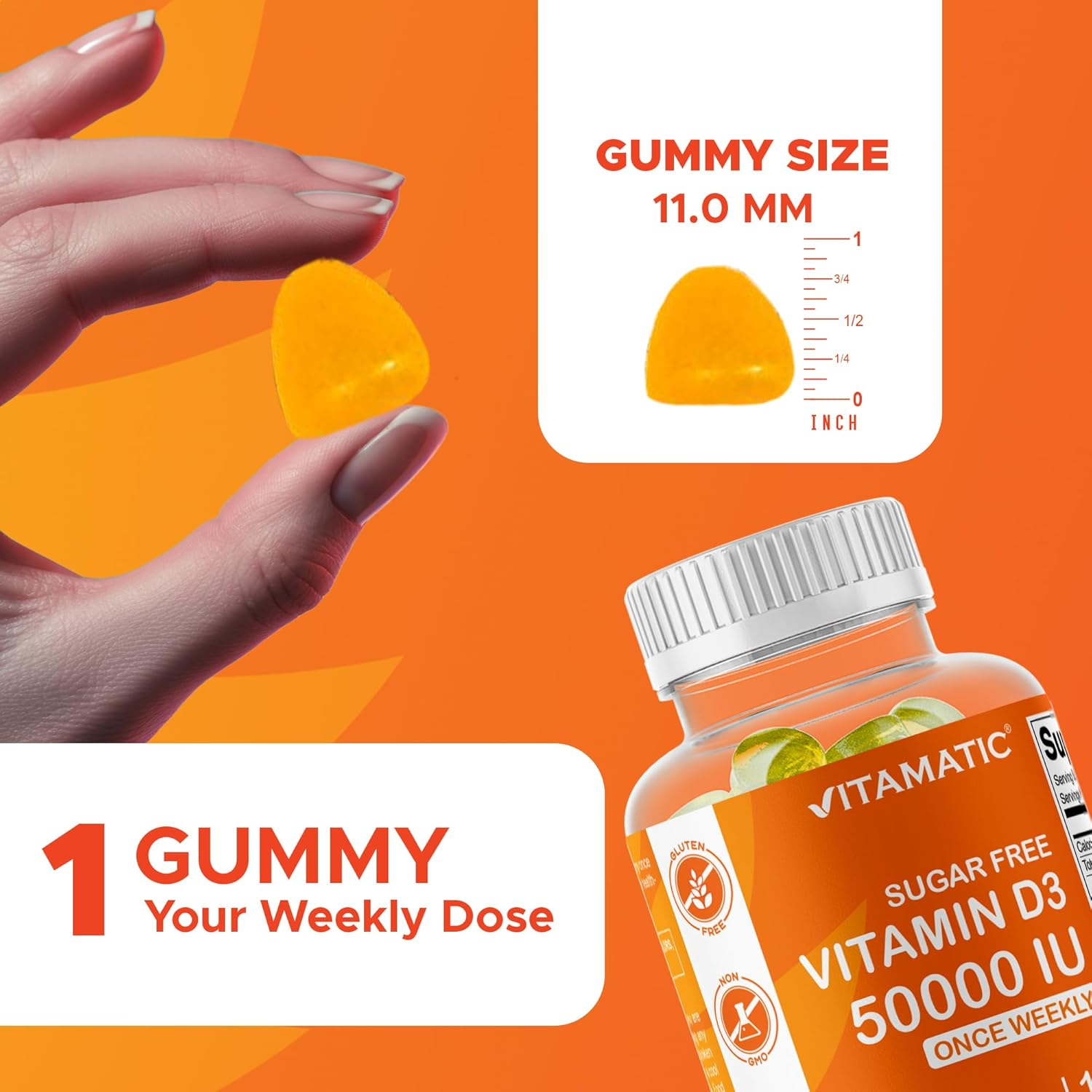 Vitamatic Sugar Free Vitamin D3 Gummies, 50,000 IU Weekly, 120 Pectin Based, for Bones, Teeth and Immune Support image number 3