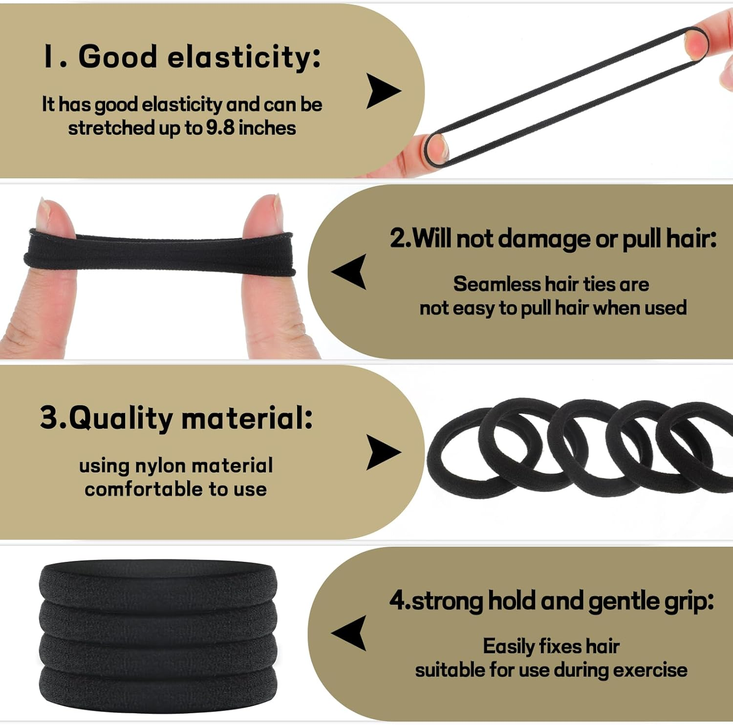 Obeoby 100PCS Black Hair Ties, Seamless Hair Ties Ponytail Holders Elastics Hair Accessories for Women Girls, 1.5 In image number 5